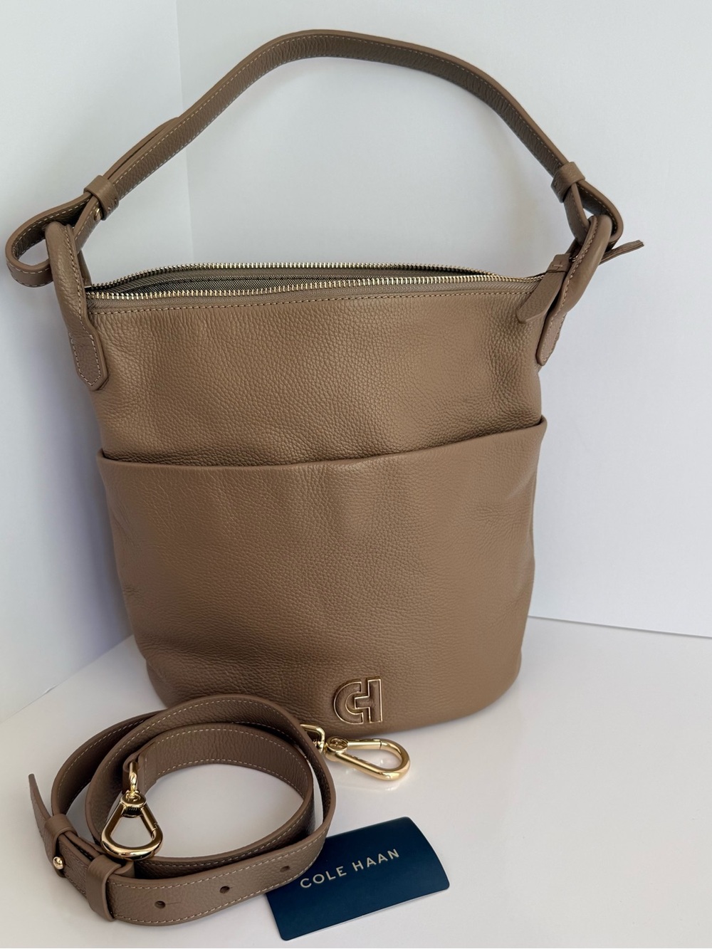 Cole Haan Pebbled Taupe Leather Shoulder Bag with Gold Hardware - Picture 2 of 9